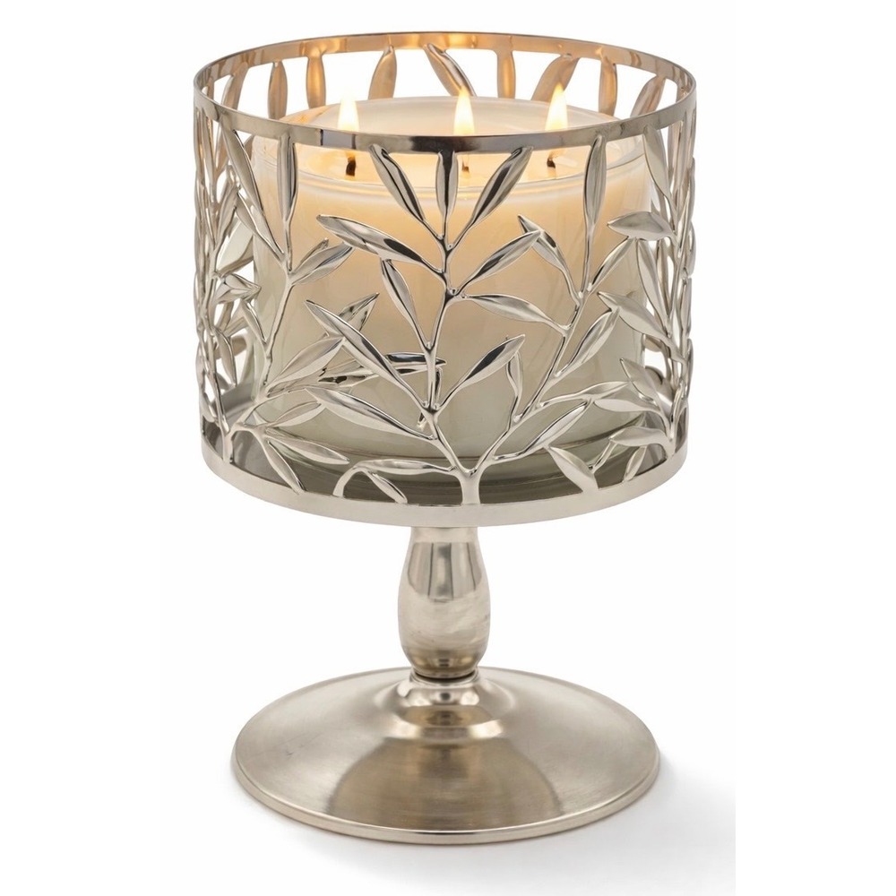 Bath & Body Works Pedestal Candle Holder Silver Leaf‎ Metal 3-Wick Stand Decor